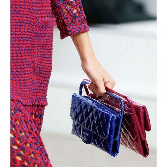 CHANEL 2014 Runway Electric Blue Patent Leather Quilted Bag Metal Handle Rectang - Picture 5 of 13